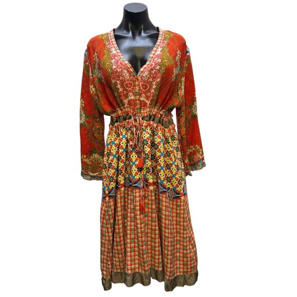 Johnny Was Red Multi-Print Long-Sleeve Silk Dress L - Picture 1 of 9